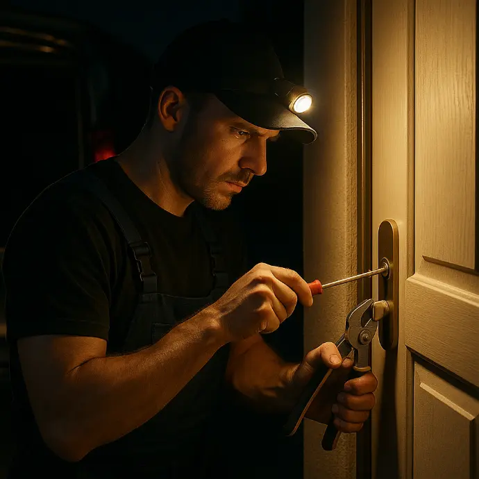 Image réaliste d’un serrurier en intervention de nuit, équipé d’une lampe frontale et d’outils professionnels (tournevis, pince). Le technicien travaille sur la serrure d’une porte d’entrée pour un dépannage urgent en serrurerie. La scène met en avant la rapidité, la précision et le professionnalisme du service, disponible 24h/24 et 7j/7 pour sécuriser les accès des particuliers et entreprises. serrurier en urgence Hainaut  dépannage serrurerie 24/7  ouverture de porte bloquée  serrurier professionnel Belgique  intervention de nuit serrurier  dépannage serrure rapide  sécurité habitation Hainaut  serrurier honnête et fiable  dépannage serrure porte d’entrée  service serrurerie urgent serrurier Charleroi  dépannage serrurier Charleroi  serrurier Mons  dépannage serrurier Mons  serrurier La Louvière  dépannage serrurier La Louvière  serrurier Tournai  dépannage serrurier Tournai  serrurier Mouscron  dépannage serrurier Mouscron  serrurier Binche  dépannage serrurier Binche  serrurier Soignies  dépannage serrurier Soignies  serrurier Ath  dépannage serrurier Ath  serrurier Châtelet  dépannage serrurier Châtelet  serrurier Beaumont  dépannage serrurier Beaumont  serrurier Lens (Hainaut)  dépannage serrurier Lens