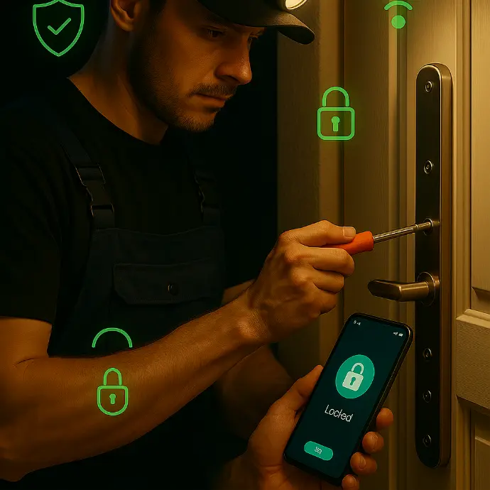 Photo d’un serrurier professionnel installant une serrure connectée intelligente. Le technicien, équipé d’outils et d’une lampe frontale, intervient sur une porte d’entrée sécurisée. Un smartphone affiche l’état &amp;#34;Locked&amp;#34;, symbolisant un système de verrouillage électronique et domotique. Des icônes vertes (sécurité, Wi-Fi, cadenas) mettent en avant la protection digitale, la sécurité à distance et le contrôle via application mobile. Cette image illustre les services de serrurerie moderne : serrures intelligentes, sécurisation et dépannage 24h/24 – 7j/7 dans le Hainaut (Belgique).serrure connectée Hainaut  serrurier installation serrure intelligente  dépannage serrure électronique Belgique  serrure Wi-Fi sécurisée  contrôle d’accès digital  serrure domotique Hainaut  serrurier moderne Belgique  sécurisation maison connectée  installation serrure intelligente 24/7  serrurier Hainaut dépannage rapide serrurier Charleroi  dépannage serrurier Charleroi  serrurier Mons  dépannage serrurier Mons  serrurier La Louvière  dépannage serrurier La Louvière  serrurier Tournai  dépannage serrurier Tournai  serrurier Mouscron  dépannage serrurier Mouscron  serrurier Binche  dépannage serrurier Binche  serrurier Soignies  dépannage serrurier Soignies  serrurier Ath  dépannage serrurier Ath  serrurier Châtelet  dépannage serrurier Châtelet  serrurier Beaumont  dépannage serrurier Beaumont  serrurier Lens (Hainaut)  dépannage serrurier Lens