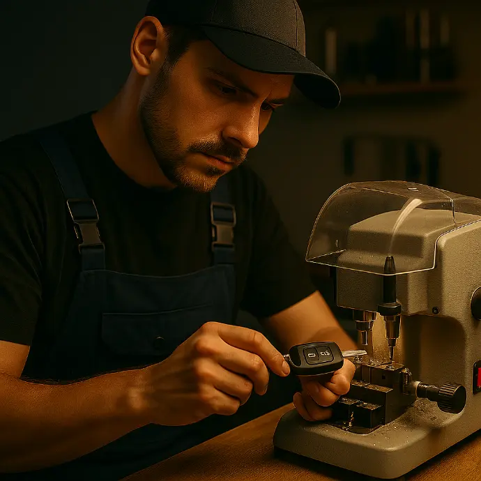 Photo d’un serrurier professionnel en train de programmer et reproduire une clé de voiture à l’aide d’une machine spécialisée. L’artisan tient une clé électronique avec télécommande, utilisée pour les véhicules modernes. Cette image illustre les services de dépannage automobile, reproduction de clés de voiture et programmation de clés électroniques proposés dans le Hainaut (Belgique). Elle met en avant la précision, la modernité et la fiabilité du service de serrurerie automobile.reproduction clé de voiture Hainaut  programmation clé auto Belgique  serrurier automobile Hainaut  clé électronique voiture  duplication clé voiture avec télécommande  dépannage clé auto Belgique  serrurier spécialisé clé voiture  service clé auto rapide Hainaut  reproduction clé voiture perdue  serrurier clé de voiture électronique serrurier Charleroi  dépannage serrurier Charleroi  serrurier Mons  dépannage serrurier Mons  serrurier La Louvière  dépannage serrurier La Louvière  serrurier Tournai  dépannage serrurier Tournai  serrurier Mouscron  dépannage serrurier Mouscron  serrurier Binche  dépannage serrurier Binche  serrurier Soignies  dépannage serrurier Soignies  serrurier Ath  dépannage serrurier Ath  serrurier Châtelet  dépannage serrurier Châtelet  serrurier Beaumont  dépannage serrurier Beaumont  serrurier Lens (Hainaut)  dépannage serrurier Lens